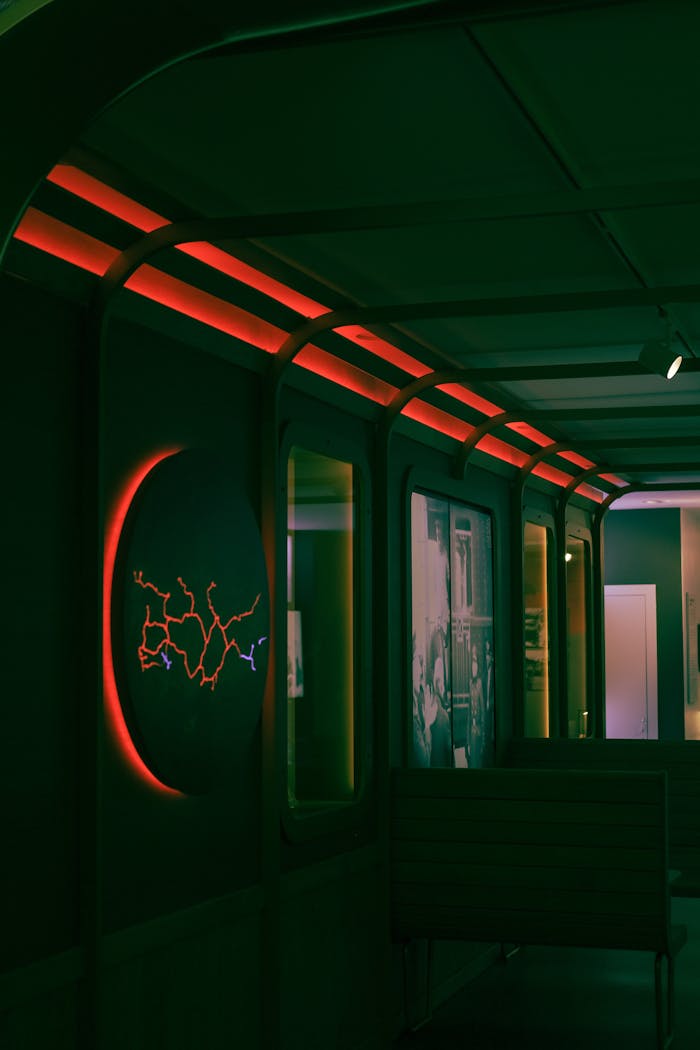 Stylish modern interior with neon lighting and abstract circular art piece on wall.