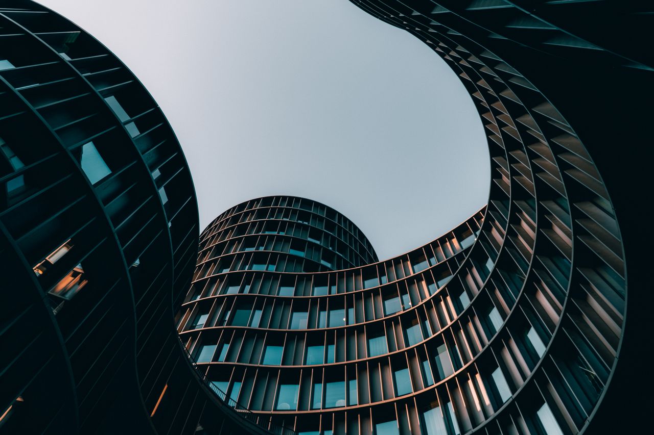 A striking view of modern architecture with curving facades in Copenhagen.
