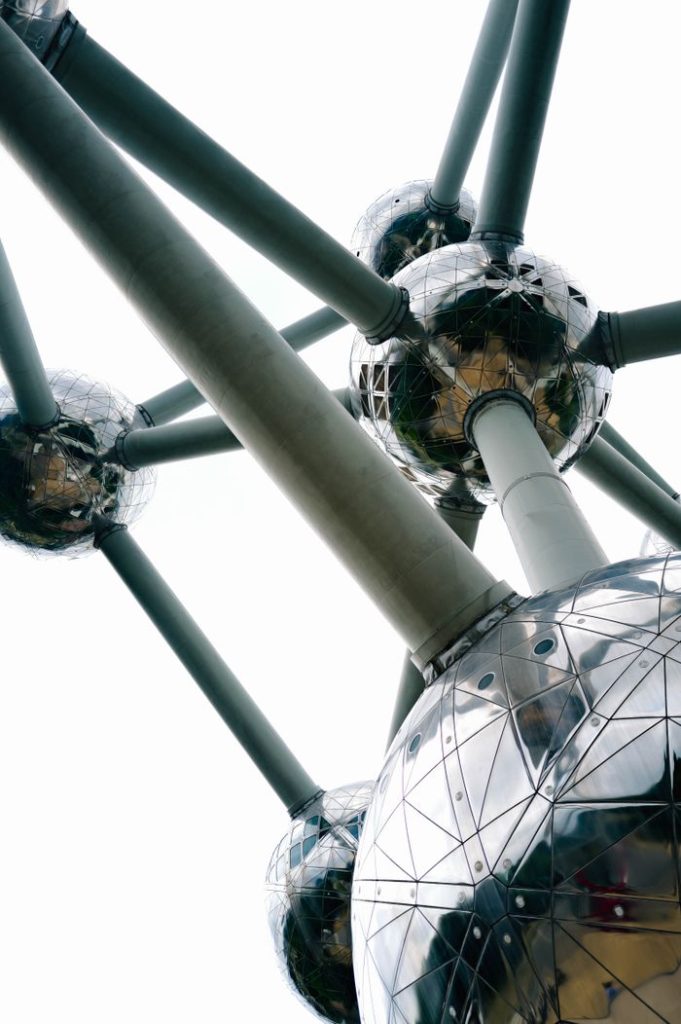 Close-up view of the Atomium's futuristic metallic spheres in Brussels, Belgium.