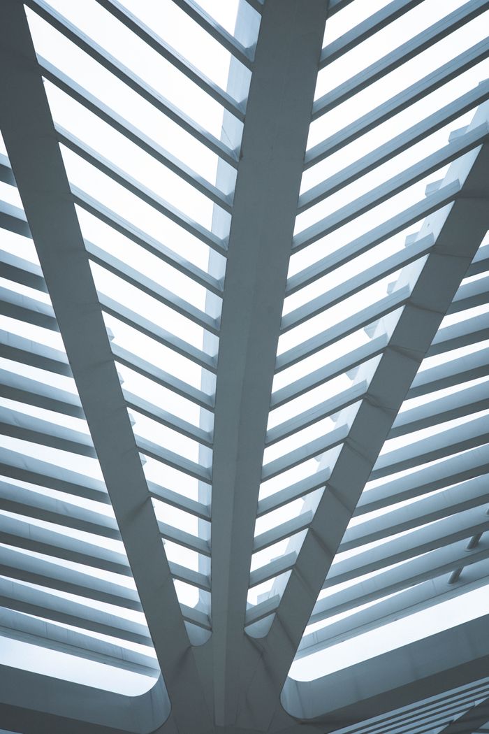 Symmetrical design of a contemporary ceiling in a transportation hub, showcasing architectural elegance.